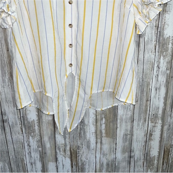 Hem & Thread White Vertical Yellow & Blue Stripe Button Tie Front Blouse - Picture 3 of 5